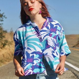Vintage 80s Blue Tropical Printed Button Up